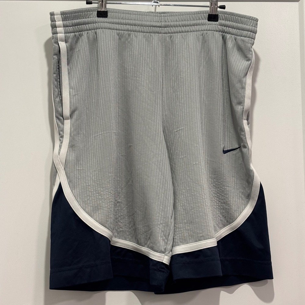 Nike Basketball Shorts Mens Medium Grey Navy Blue White Athletic Gym Swoosh